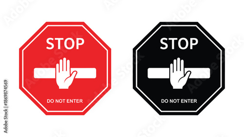 Two stop signs one red and one black with a hand symbol