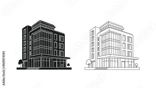 Black and white architectural renderings of modern building designs with detailed facades