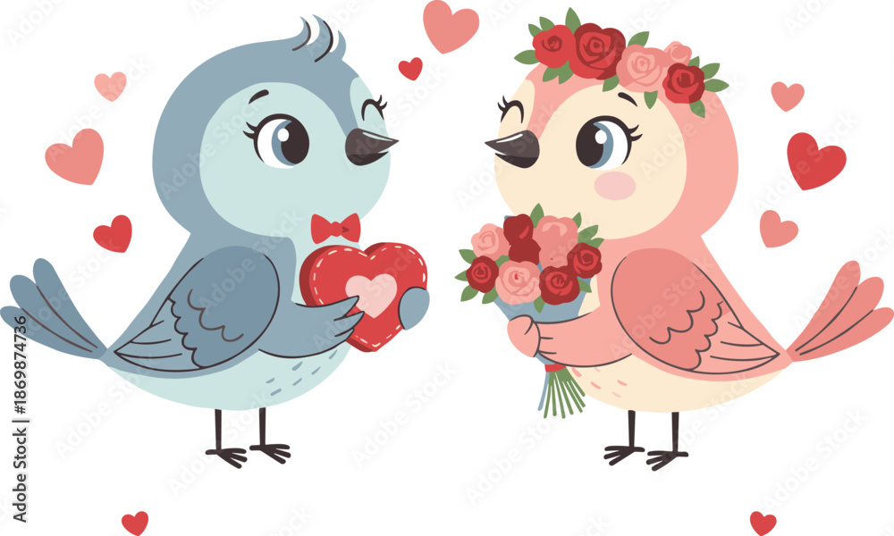 Obraz premium Valentine’s Day cartoon birds with heart gift, rose bouquet, romantic symbols, cute couple illustration, festive love celebration design