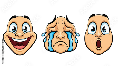 Cartoon Emoticon Faces Showing Happy, Sad, and Surprised Expressions Isolated on White