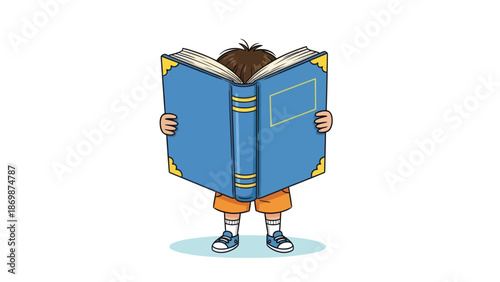 Boy Reading Large Blue Book Illustration Isolated on White