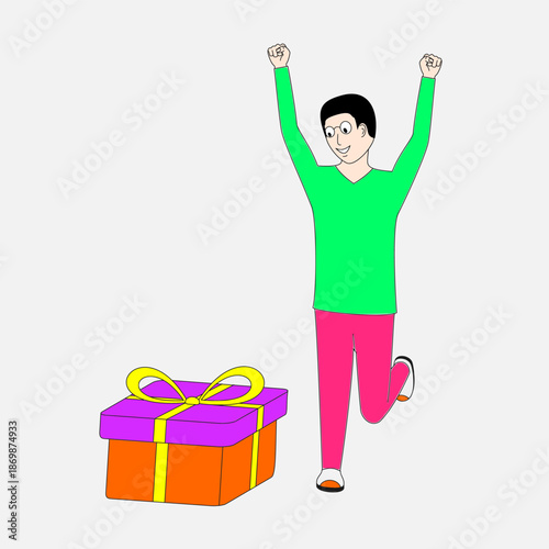 A man is jumping up and down with a big box in front of him