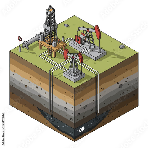 Oil Rig Extraction Process Diagram Illustration.