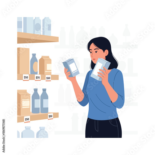 Woman examining product packaging on store shelf