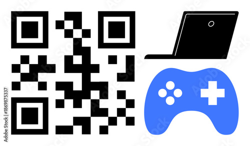 Digital technology, online gaming, software development, virtual entertainment, cloud computing, mobile integration. QR code, laptop blue game controller. Digital technology and online gaming