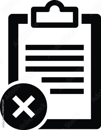 Black clipboard icon with text lines and red cross mark document paper