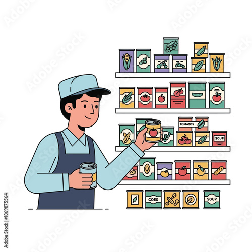 Man in uniform holding tea and examining packages on shelves in a store