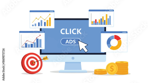 Digital Advertising Clicks And Analytics: Online Ads, Marketing Metrics, And Revenue Growth Illustration