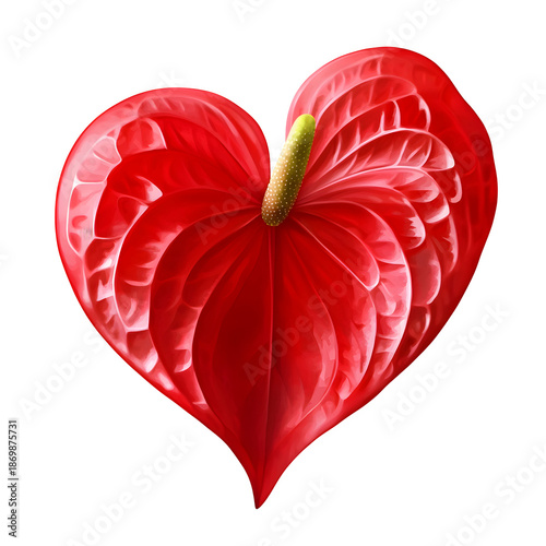 Red Anthurium Flower with Glossy Heart-Shaped Petal and Yellow-Green Spadix on White Background