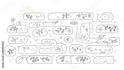 Whimsical garden illustration with animals and plants in a sunny landscape