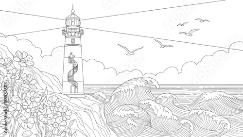 Serene coastal scene with lighthouse standing tall amidst crashing waves and vibrant flowers