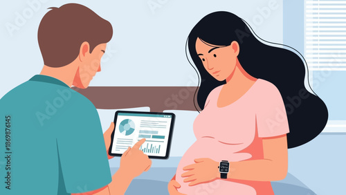 A doctor shows a pregnant woman an ultrasound image on a tablet while she sits on an examination table