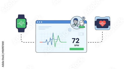 Monitoring heart rate on a smartwatch and viewing the data on a computer screen with a graph displaying the heartbeat rhythm.
