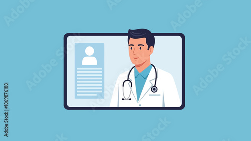 A doctor in a white lab coat with a stethoscope around his neck is displayed on a screen