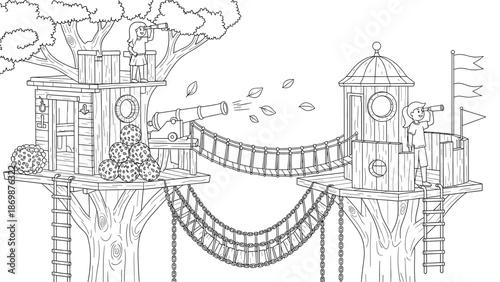Kids playing in imaginative treehouse with bridge and telescope