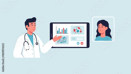 Doctor explaining medical statistics to a patient via digital screen during a virtual consultation