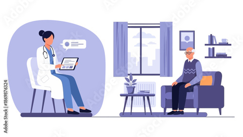 Doctor consulting with patient in a calm clinic environment from a distant viewpoint