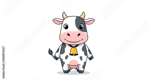 Friendly cow mascot with a black and white spotted coat, wearing a golden bell around its neck and standing on a white background.