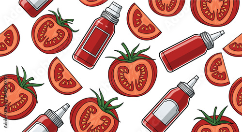 Seamless vector pattern showing fresh red tomatoes, tomato slices, and bottles of ketchup scattered on a white background.