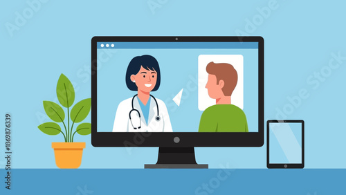 A doctor and patient having a telemedicine consultation on a computer screen
