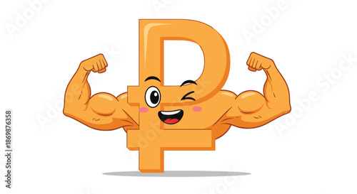 Strong muscular ruble currency symbol mascot character winking and showing its biceps, representing financial strength and power.