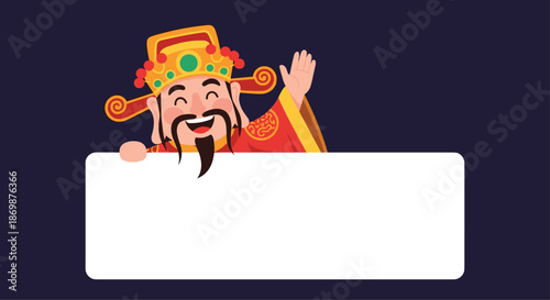 Chinese god of wealth Caishen with a long beard and traditional red robes, holding a large blank white sign for prosperity.