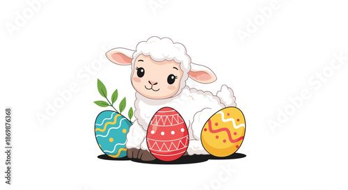Cute baby sheep sitting comfortably among colorful decorated easter eggs and green leaves on a clean white background for spring season holiday.