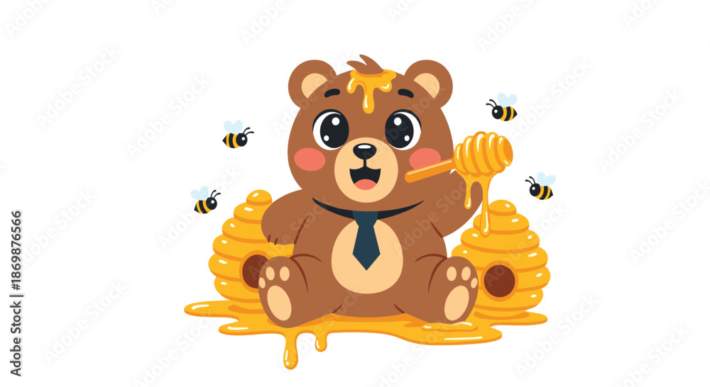 Obraz premium Cute brown bear wearing a tie sitting with honey pots, a honey dipper, and bees buzzing around him.