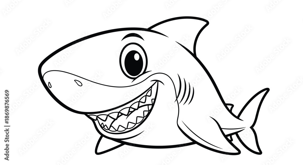 Fototapeta premium Friendly cartoon shark with a big smile and sharp teeth showing for a children's coloring book illustration.