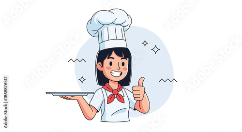 Happy female chef character in professional white uniform and hat giving a thumbs up while holding an empty serving plate.