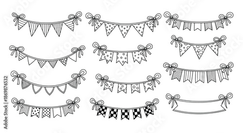 Collection of hand drawn party bunting banners and garlands with different patterns and shapes for festive decorations.