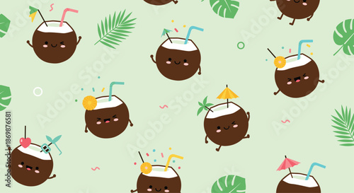 Tropical seamless pattern of cute coconut character cocktails with umbrellas and straws on a light green background.