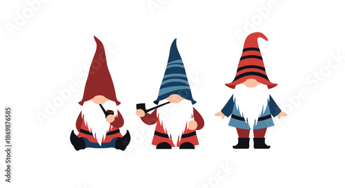 Trio of traditional garden gnomes with long white beards and tall hats sitting and standing together in a row.