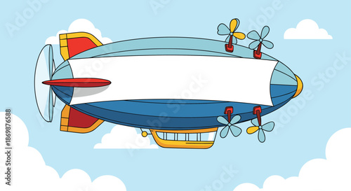 Large blue blimp airship with a long blank white banner flying among clouds in a clear blue sky.