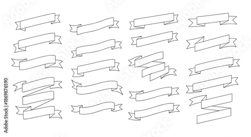 Large collection of diverse blank ribbon banners and scrolls in different shapes and styles for text or labels.