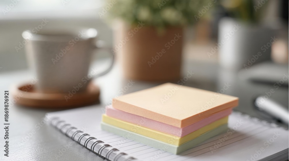 Fototapeta premium Desk with a notebook and a stack of colorful sticky notes on it. the notebook is open and the sticky notes are stacked on top of each other.