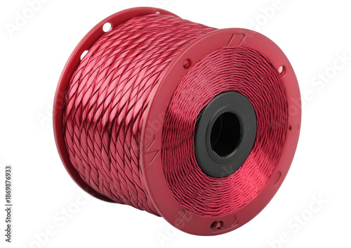 Red wire spool close-up, metallic sheen, black core visible