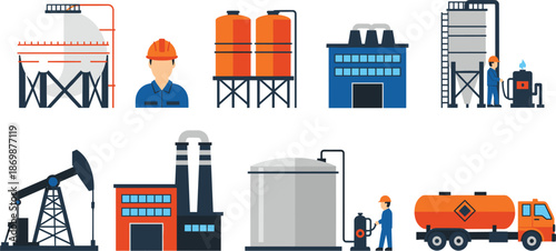 Industrial oil and gas refinery icons set with factories, tanks, pipelines, workers, and fuel truck in flat vector illustration