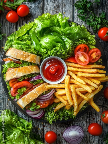 Photo of a sandwich platter with fries, fresh vegetables, and ketchup on the side