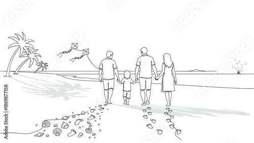 Family enjoying a stroll on a beautiful beach together