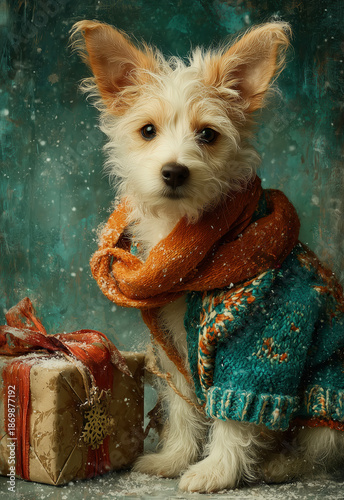 Cute winter puppy with gift box and cozy scarf.