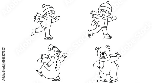 Happy children, a snowman, and a cute polar bear enjoying a fun ice skating day in winter with a coloring book style.