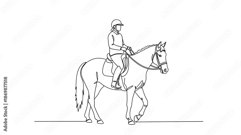Fototapeta premium Equestrian rider on horse in continuous line drawing style, isolated on white background