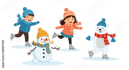 Colorful illustration of a happy boy, girl, snowman, and polar bear enjoying a fun ice skating day on a frozen rink in winter.