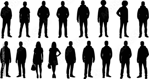 Vector silhouettes men and women, illustration. Silhouettes of young people posing in casual clothes. Transparent background EPS version.