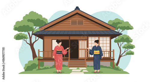 Two women dressed in traditional Japanese kimono standing in front of a classic wooden house with pine trees and a garden.