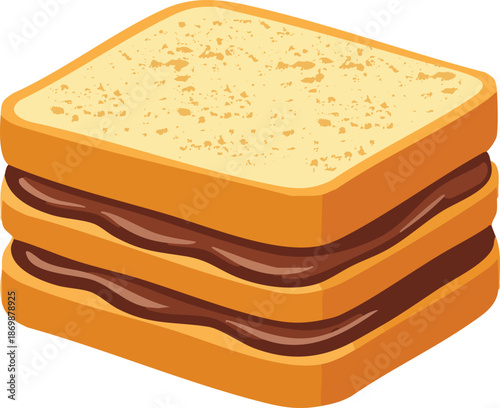 A cute cartoon illustration of a stacked sandwich made with multiple slices of bread and layered chocolate or sweet spread filling.