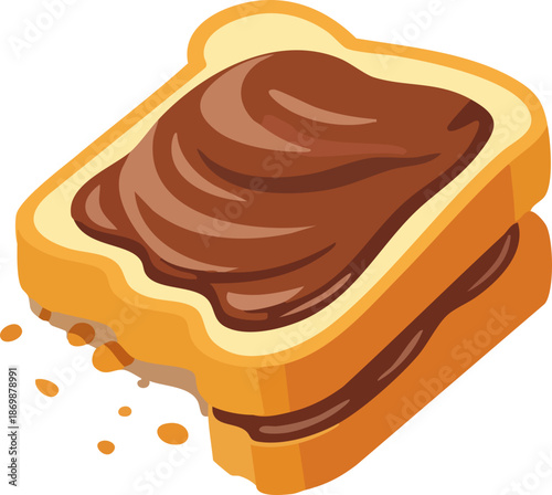 A cute cartoon illustration of a slice of bread generously spread with chocolate cream, dripping slightly for a rich and tasty look.