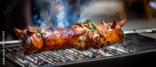 Whole pig roasting on a spit over hot coals during outdoor gathering with smoke rising in the air