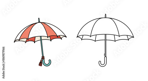 Illustration of two umbrellas including one colorful striped design and one simple line art version for rain protection.